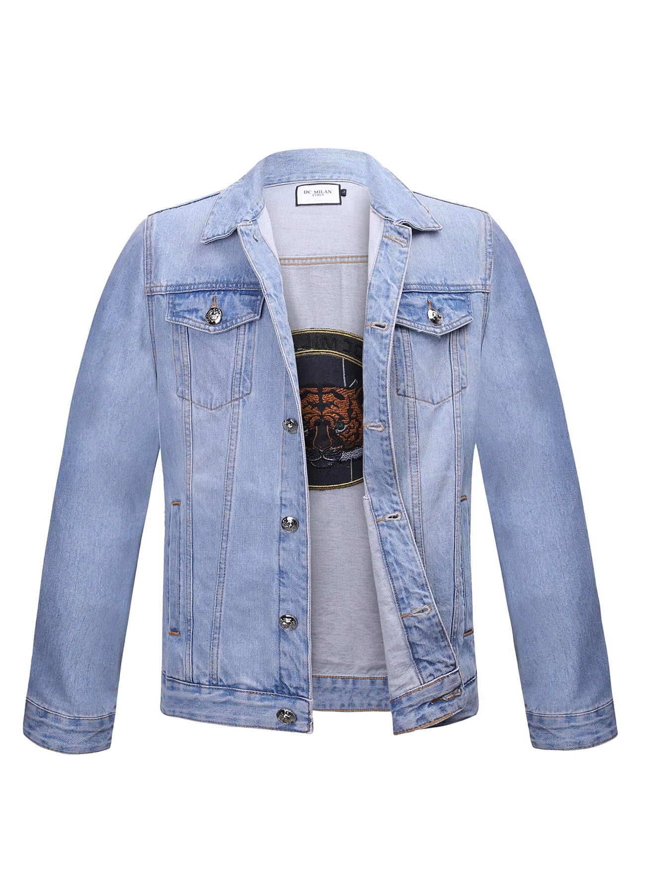Embroidered Light Blue Classic Denim Jacket – Edinburgh Cashmere - Technical View