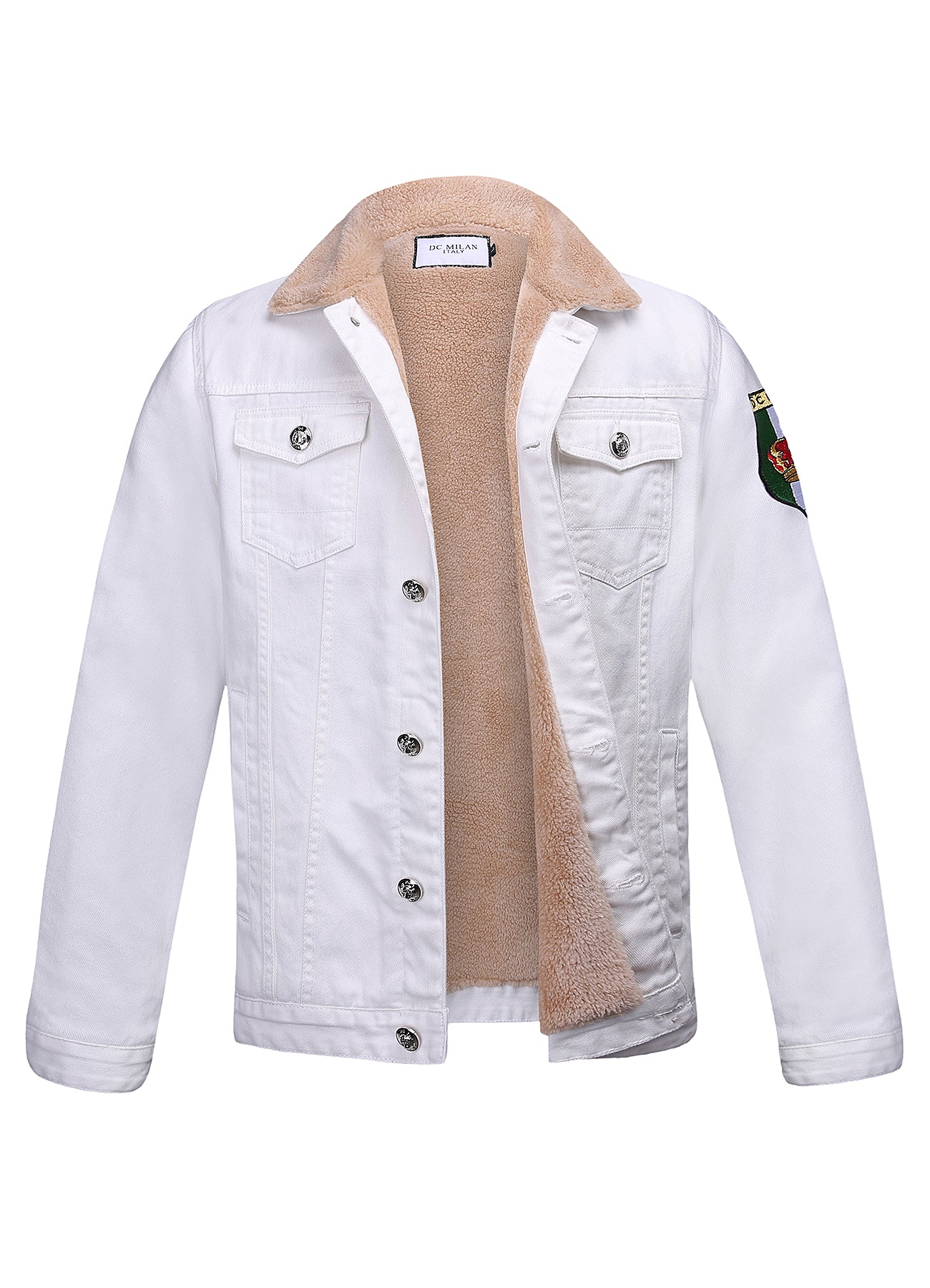 Embroidered White Denim Jacket With Faux Fur
