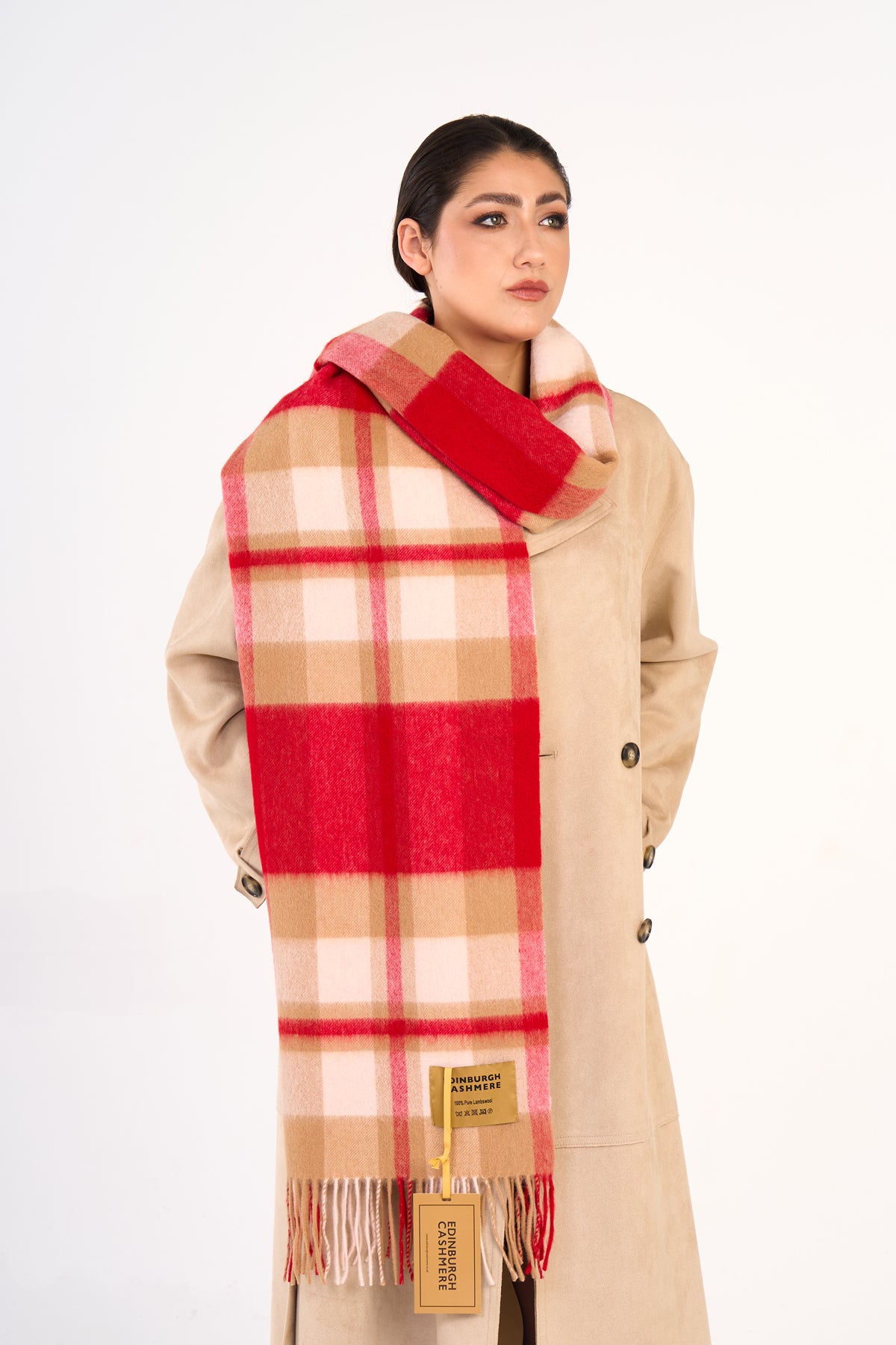 100% Pure Lambswool Oversized Scarf/Wrap DC Scott Red/Camel 12