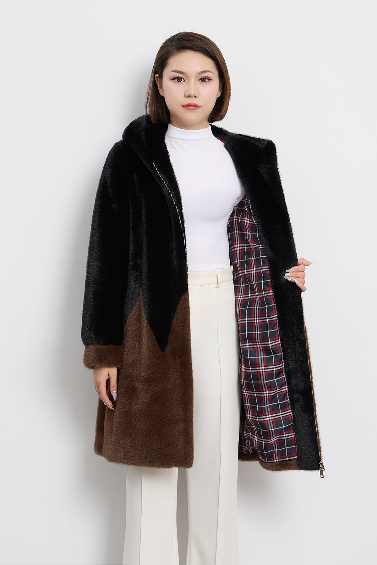 Women's Hooded Fur Short Coat Exclusive Design - Black/Brown