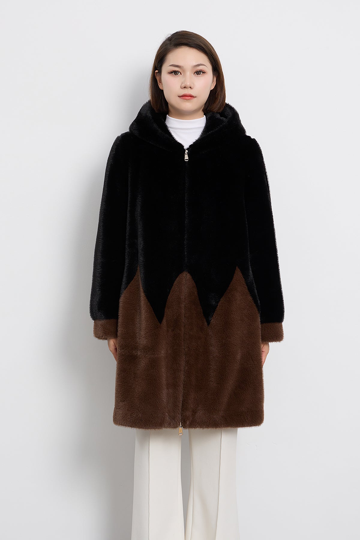 Women's Hooded Fur Short Coat Exclusive Design - Black/Brown