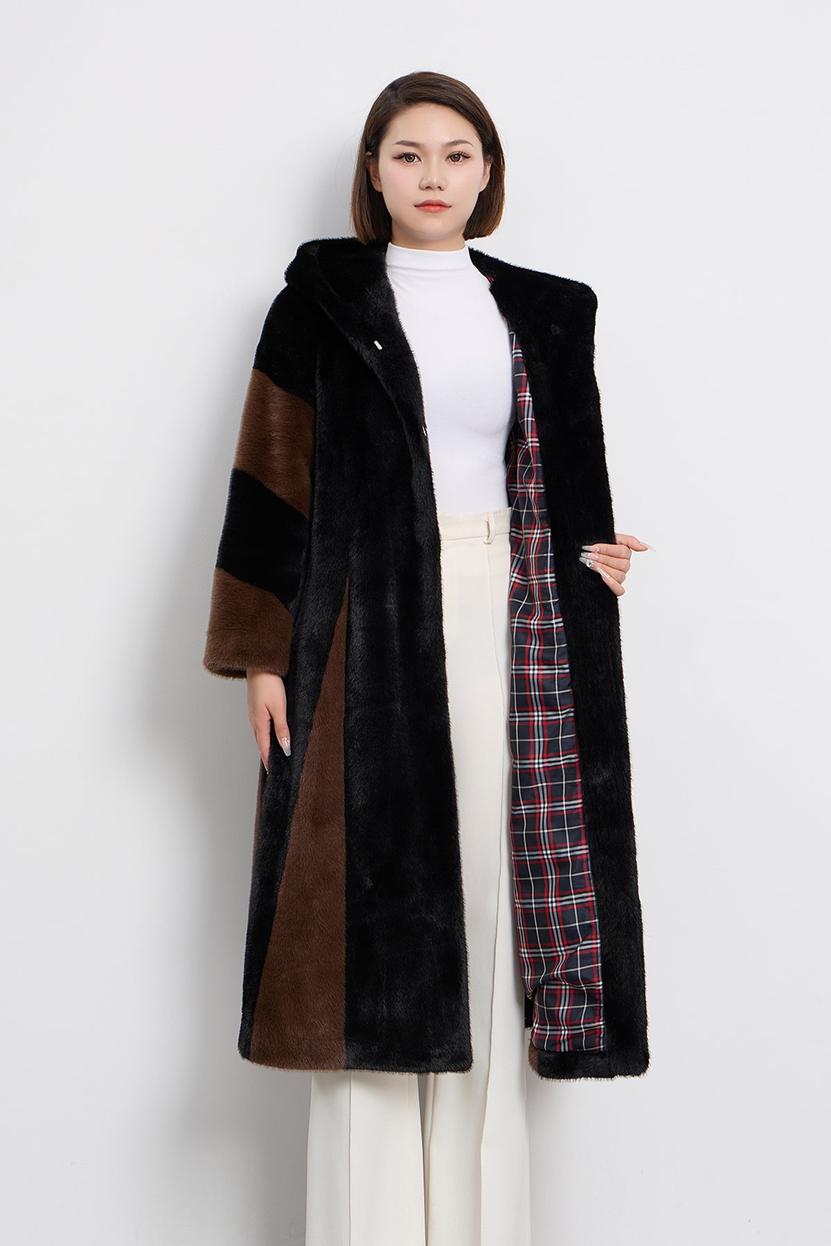 Women's Hooded Fur Long Coat Exclusive Design - Black/Brown