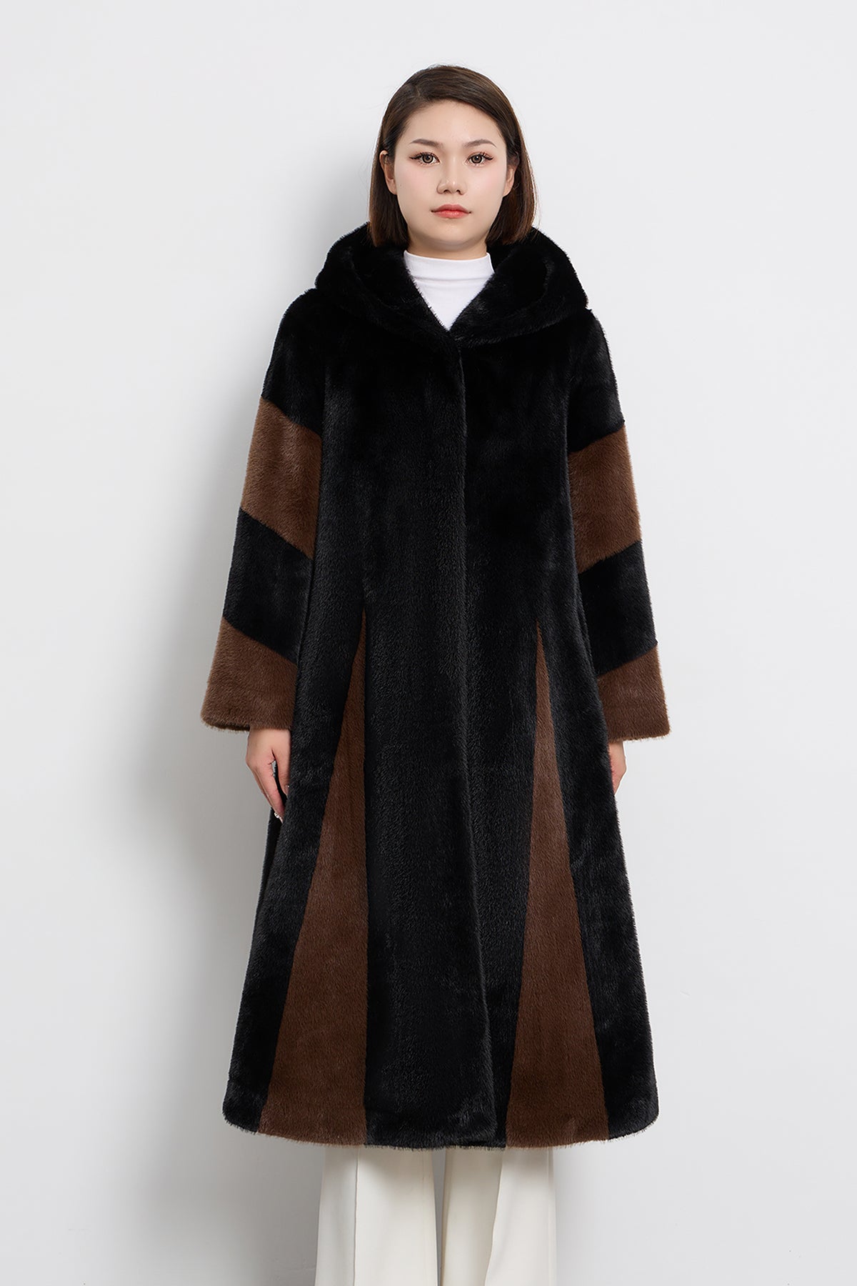 Women s Hooded Fur Long Coat Exclusive Design Black Brown