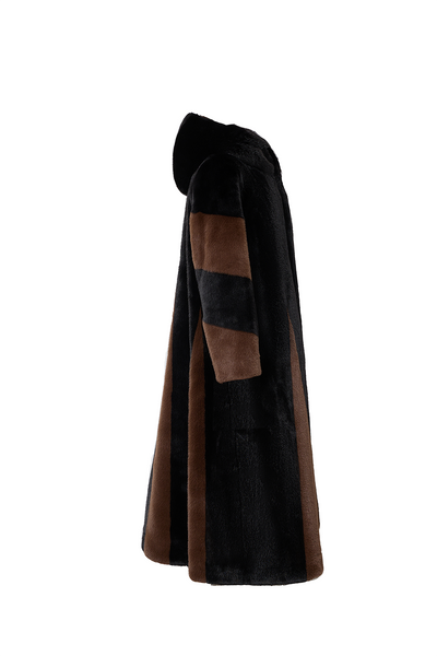 Women's Hooded Fur Long Coat Exclusive Design - Black/Brown