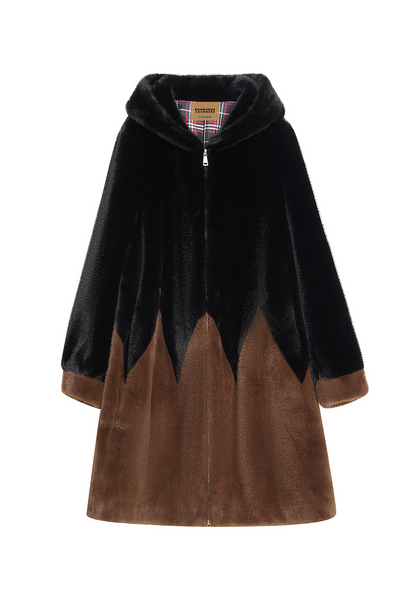 Women's Hooded Fur Short Coat Exclusive Design - Black/Brown