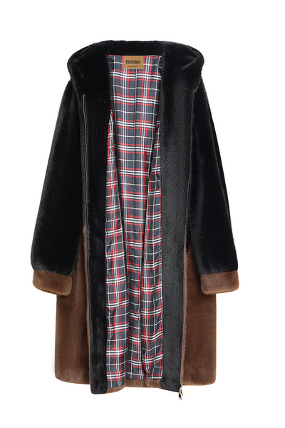 Women's Hooded Fur Short Coat Exclusive Design - Black/Brown