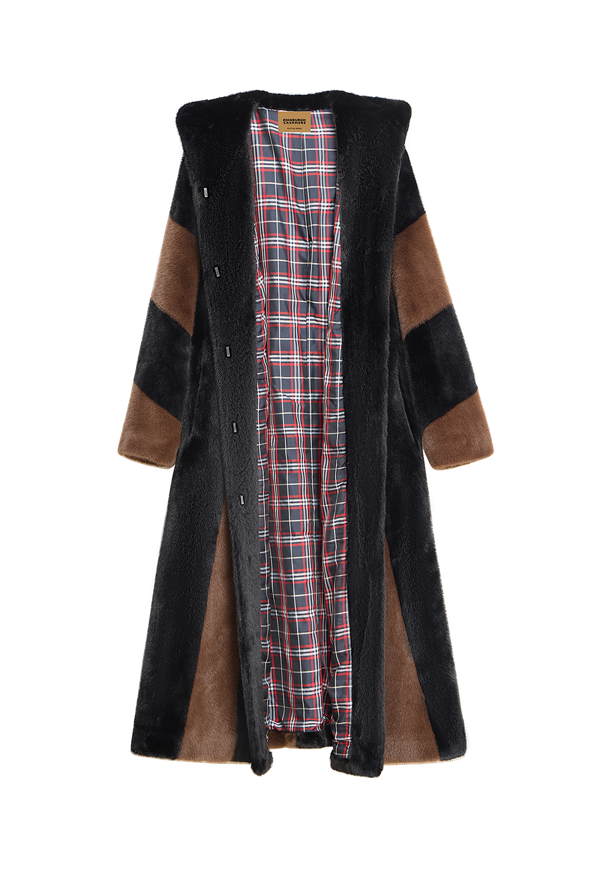 Women's Hooded Fur Long Coat Exclusive Design - Black/Brown