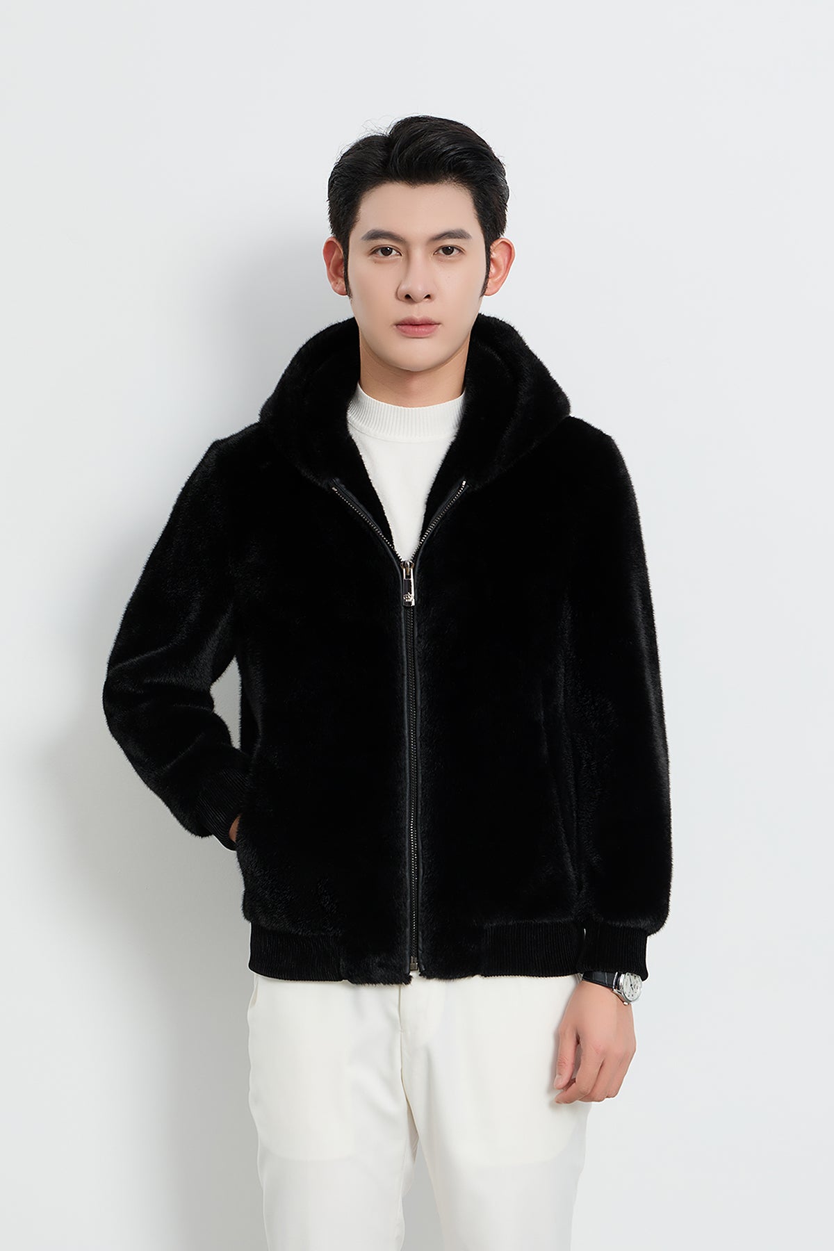 Men's Hooded Fur Jacket Exclusive Design - Black