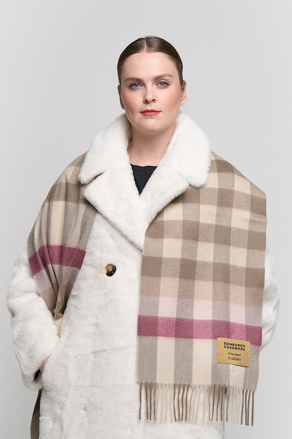 100% Pure Cashmere Pink Check Scarf - Small Size