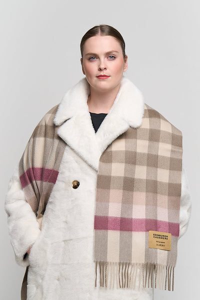 100% Pure Cashmere Pink Check Scarf - Small Size
