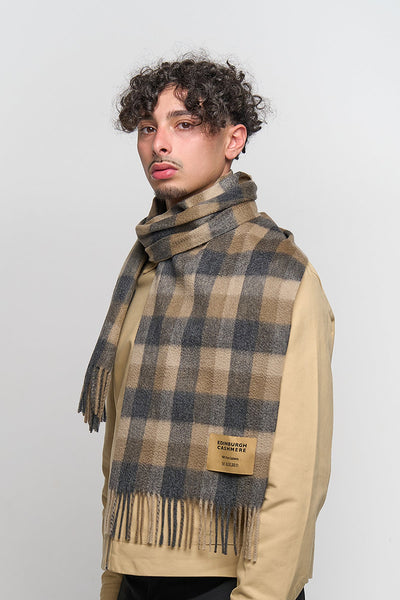 100% Pure Cashmere Scarf Design Brown Check - Small Size