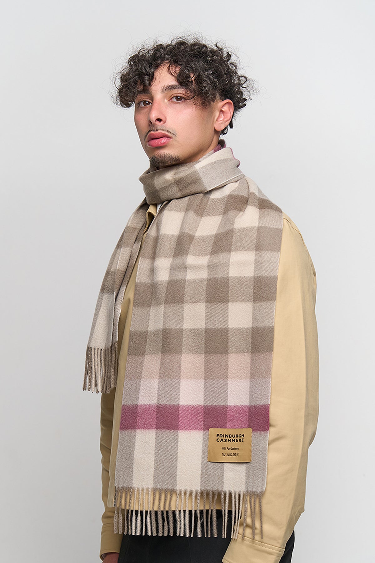 100% Pure Cashmere Pink Check Scarf - Small Size