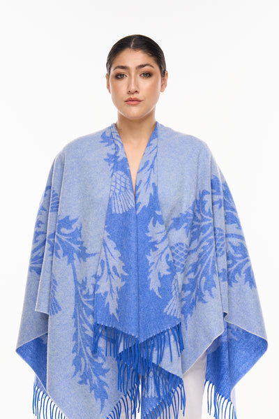 Cape Single Thistle Blue Poncho 100% Pure Lambswool