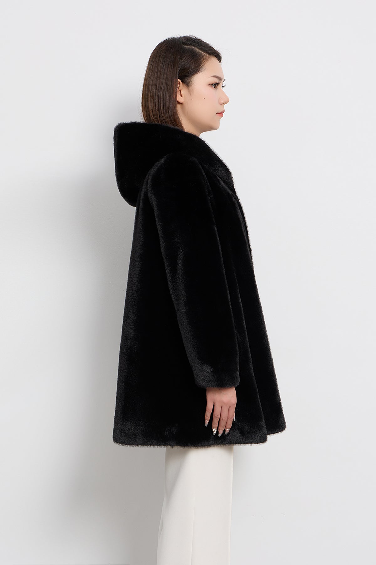 Women's Hooded Fur Short Coat Exclusive Design - Black