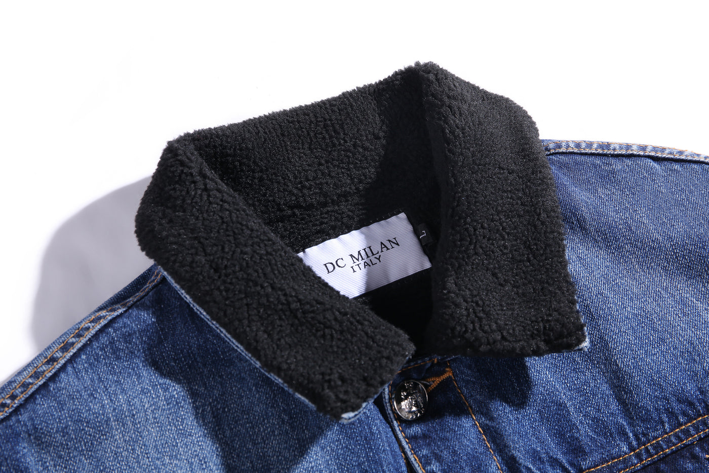 Embroidered Dark Blue Denim Jacket With Faux Fur