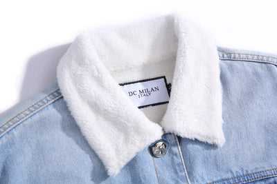 Embroidered Light Blue Denim Jacket With Faux Fur