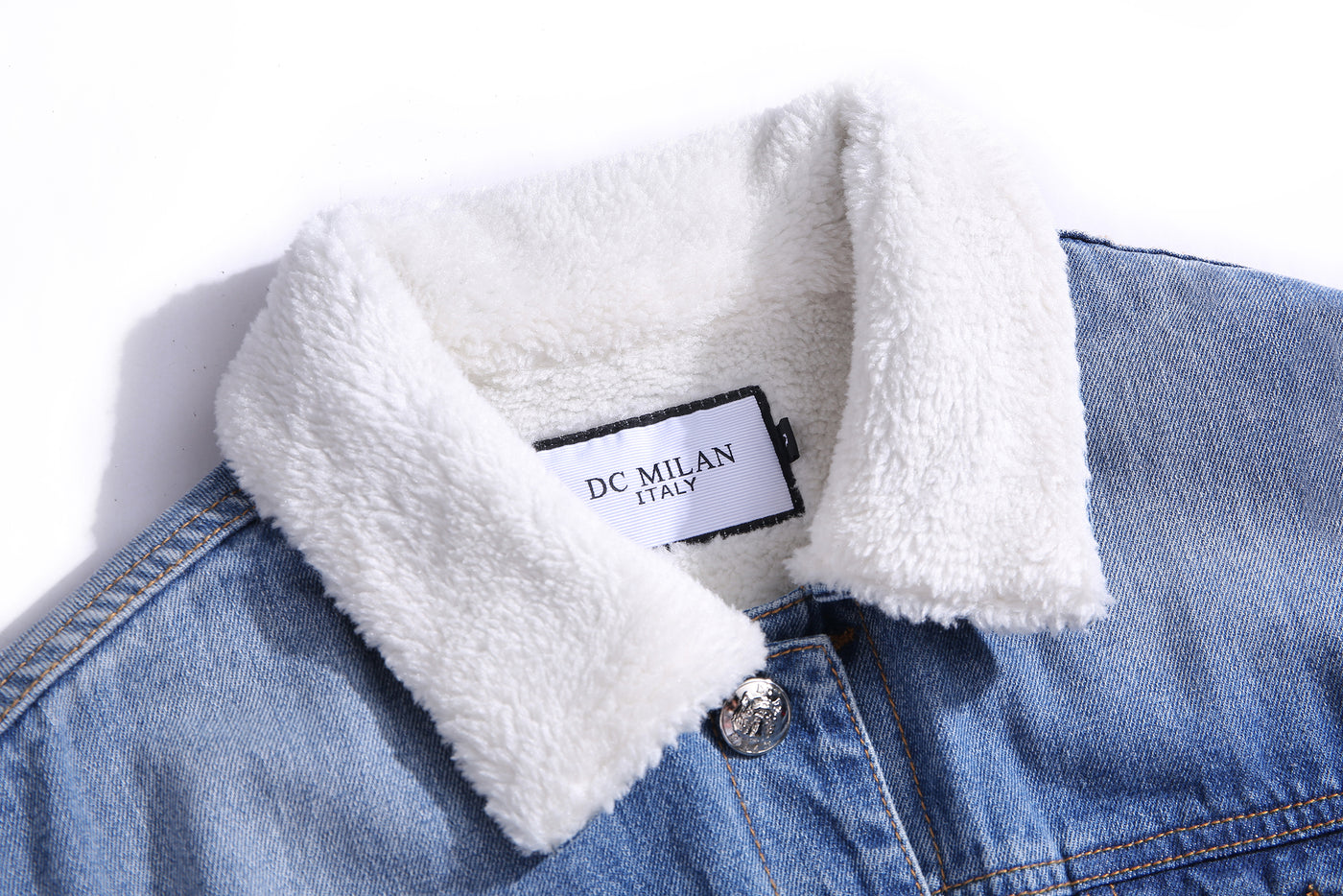 Embroidered Light Blue Denim Jacket With Faux Fur