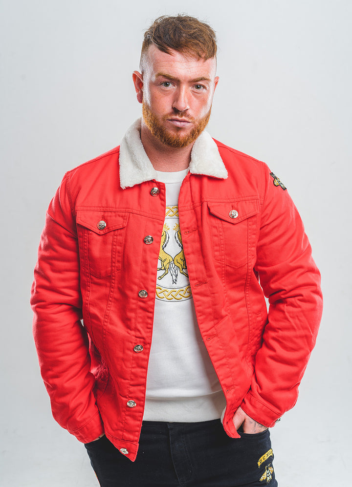 Embroidered Red Denim Jacket With Faux Fur – Edinburgh Cashmere