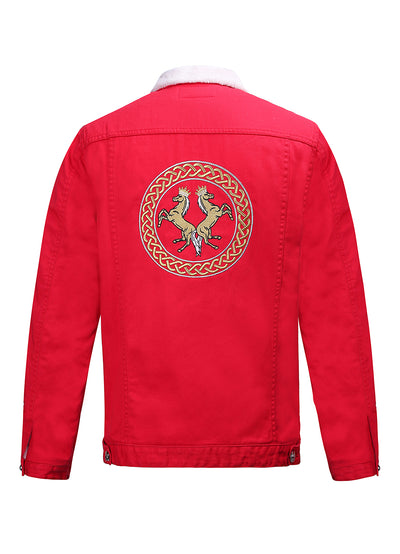 Embroidered Red Denim Jacket With Faux Fur