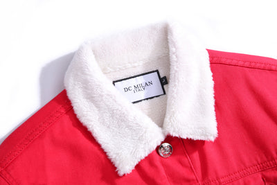 Embroidered Red Denim Jacket With Faux Fur