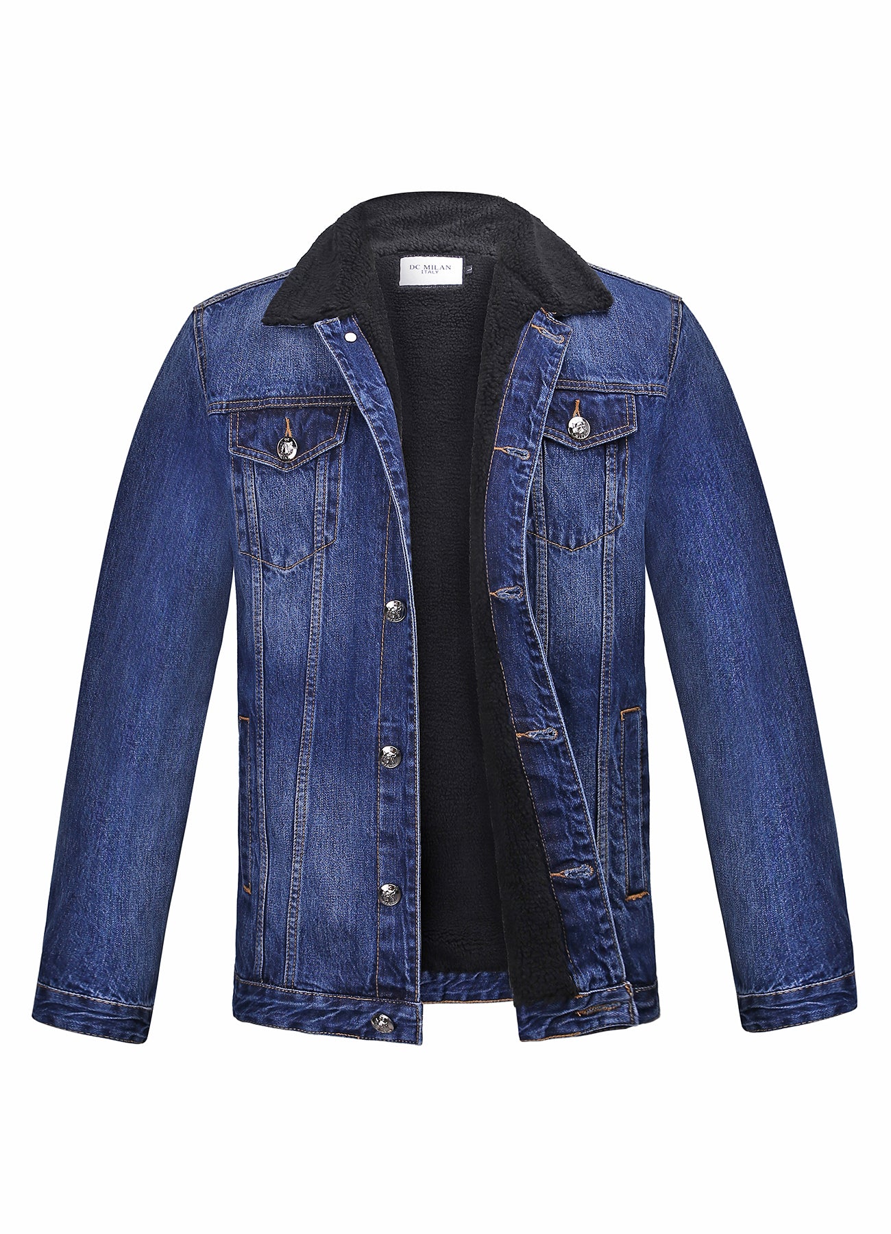 Embroidered Dark Blue Denim Jacket With Faux Fur