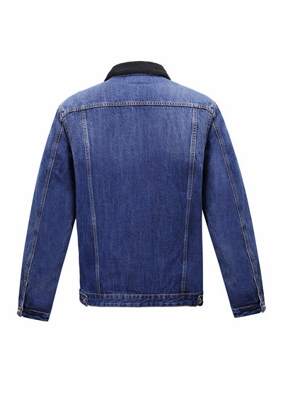 Embroidered Dark Blue Denim Jacket With Faux Fur