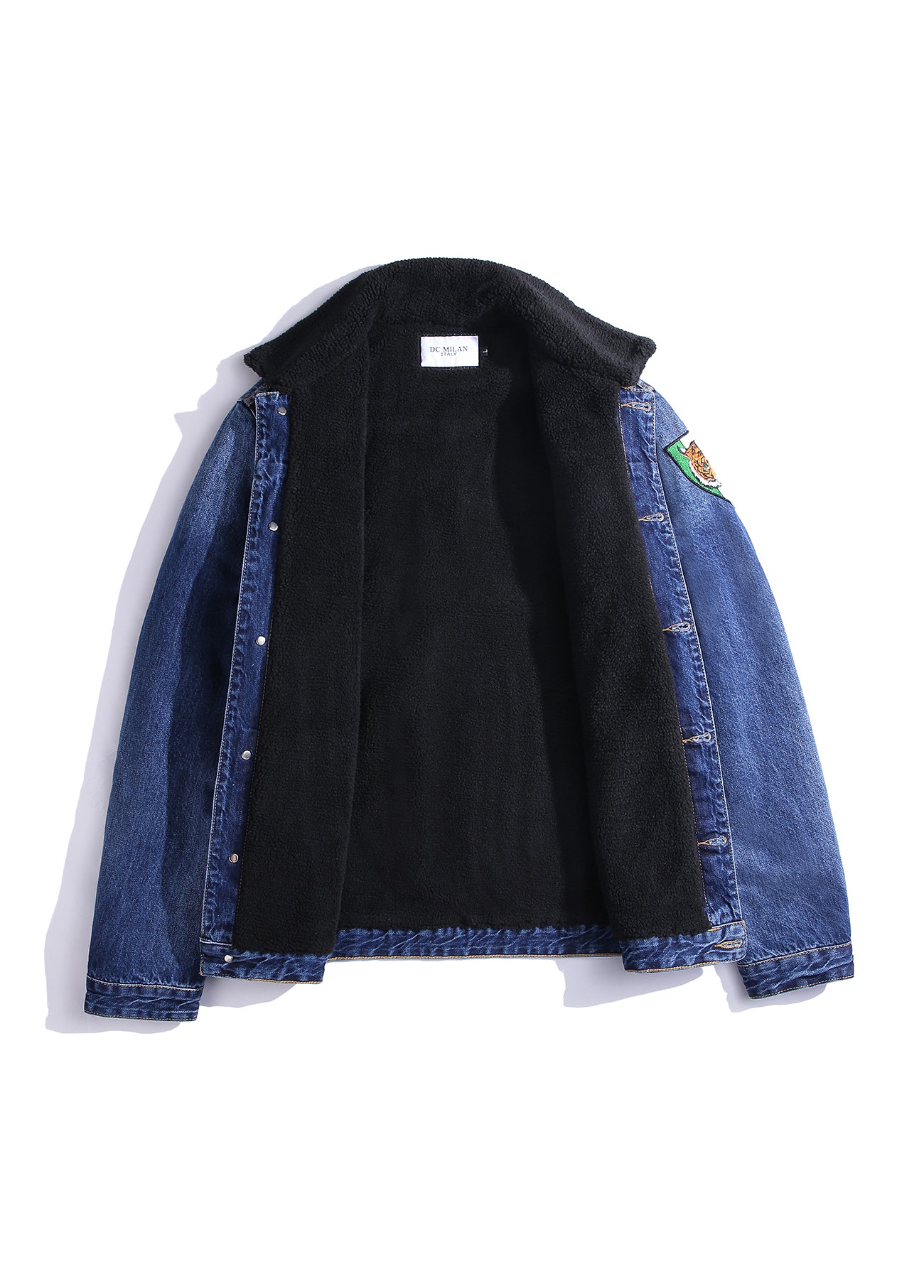 Embroidered Dark Blue Denim Jacket With Faux Fur