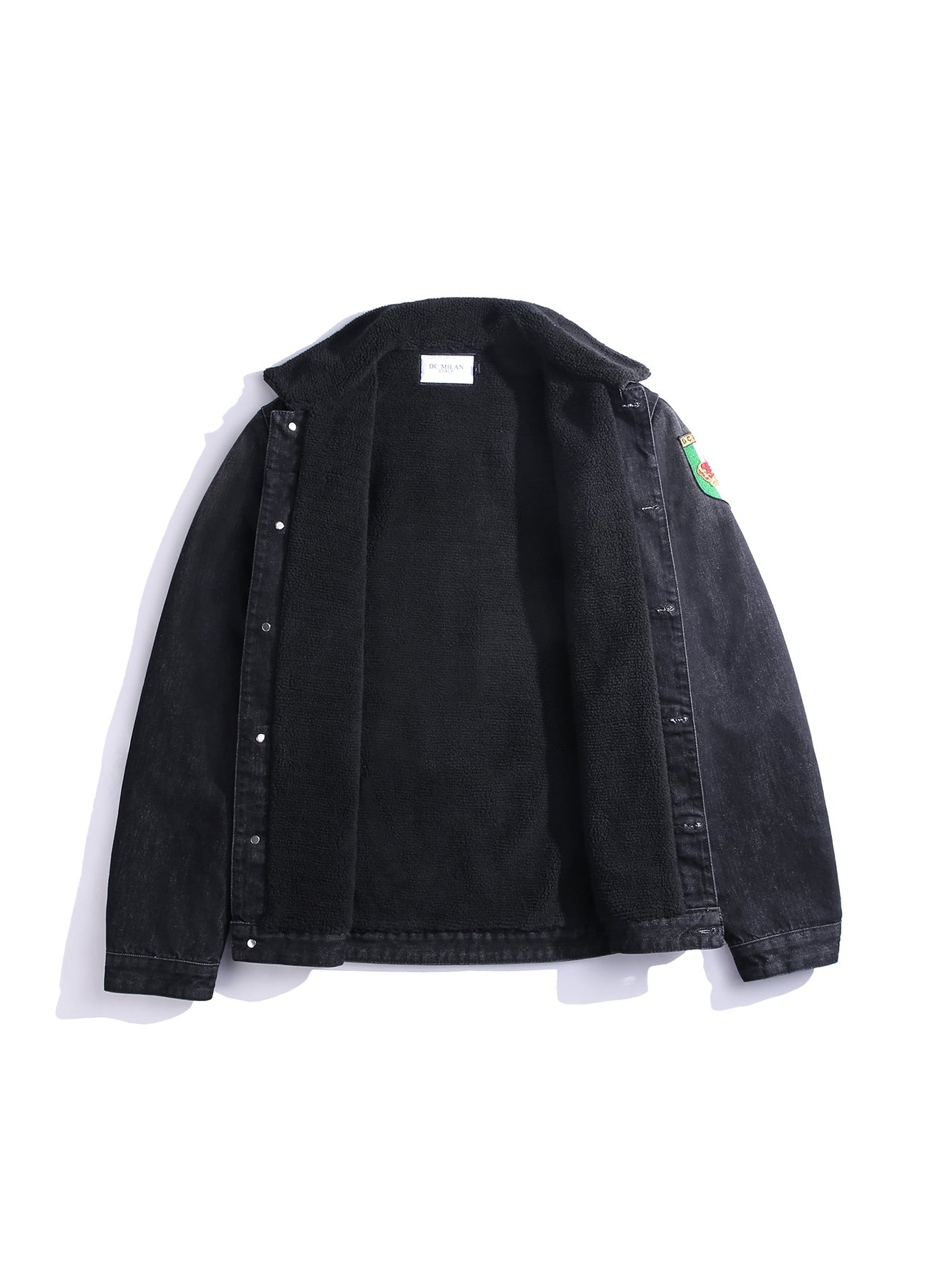 Embroidered Black Denim Jacket With Faux Fur