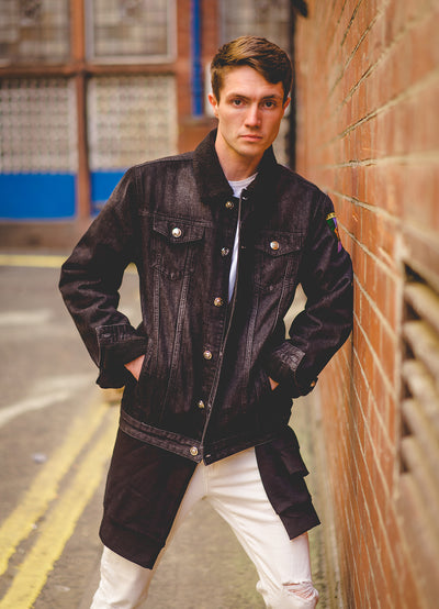 Embroidered Black Denim Jacket With Faux Fur