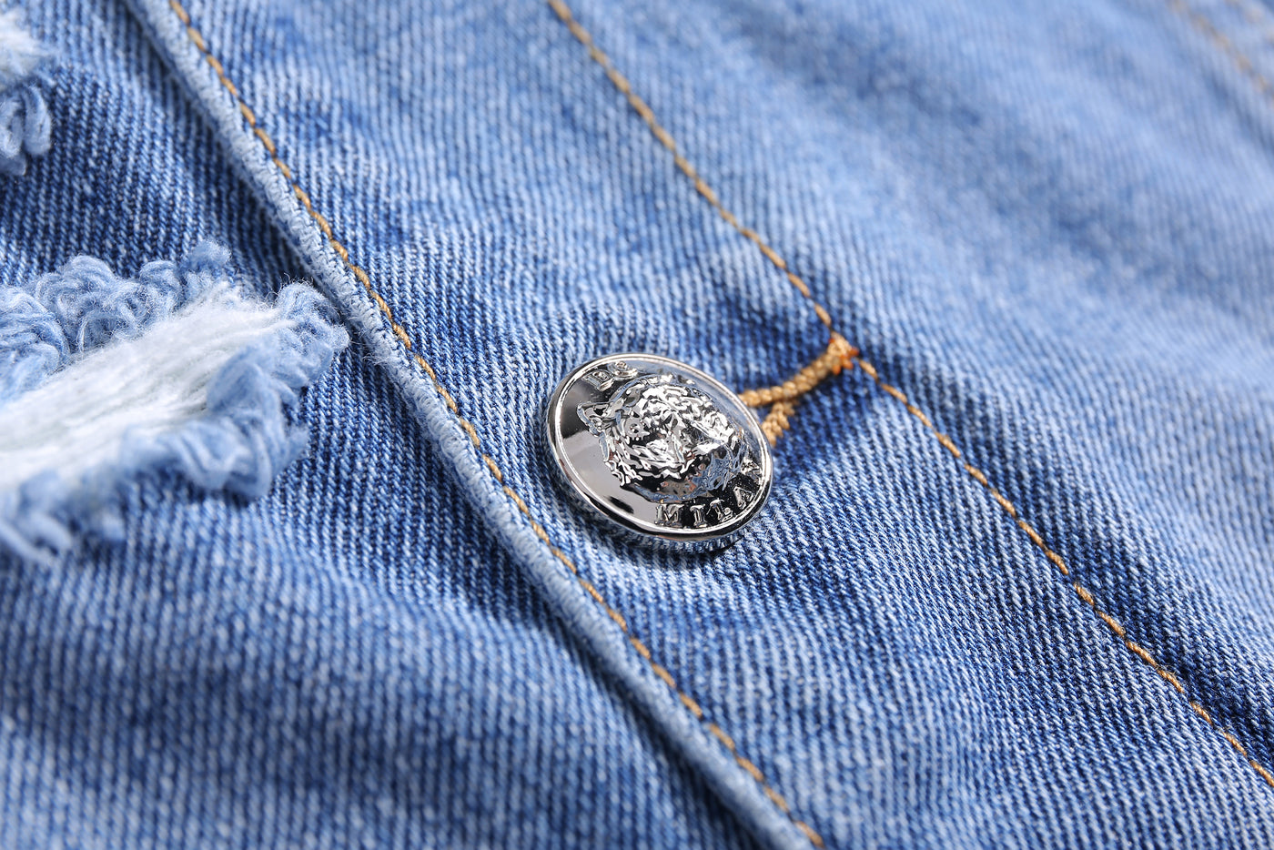 Embroidered Light Blue Denim Jacket With Faux Fur