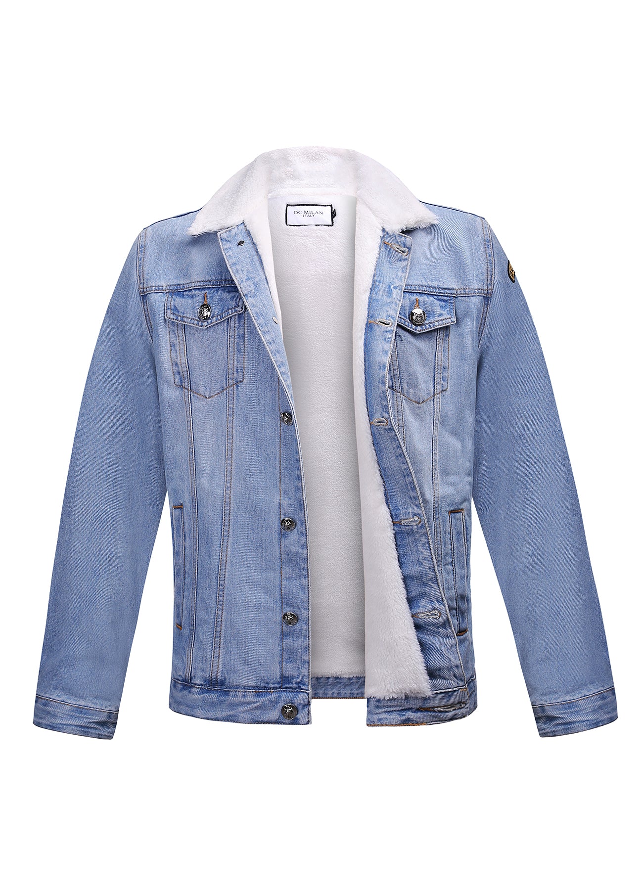 Embroidered Light Blue Denim Jacket With Faux Fur