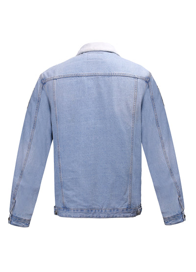 Embroidered Light Blue Denim Jacket With Faux Fur