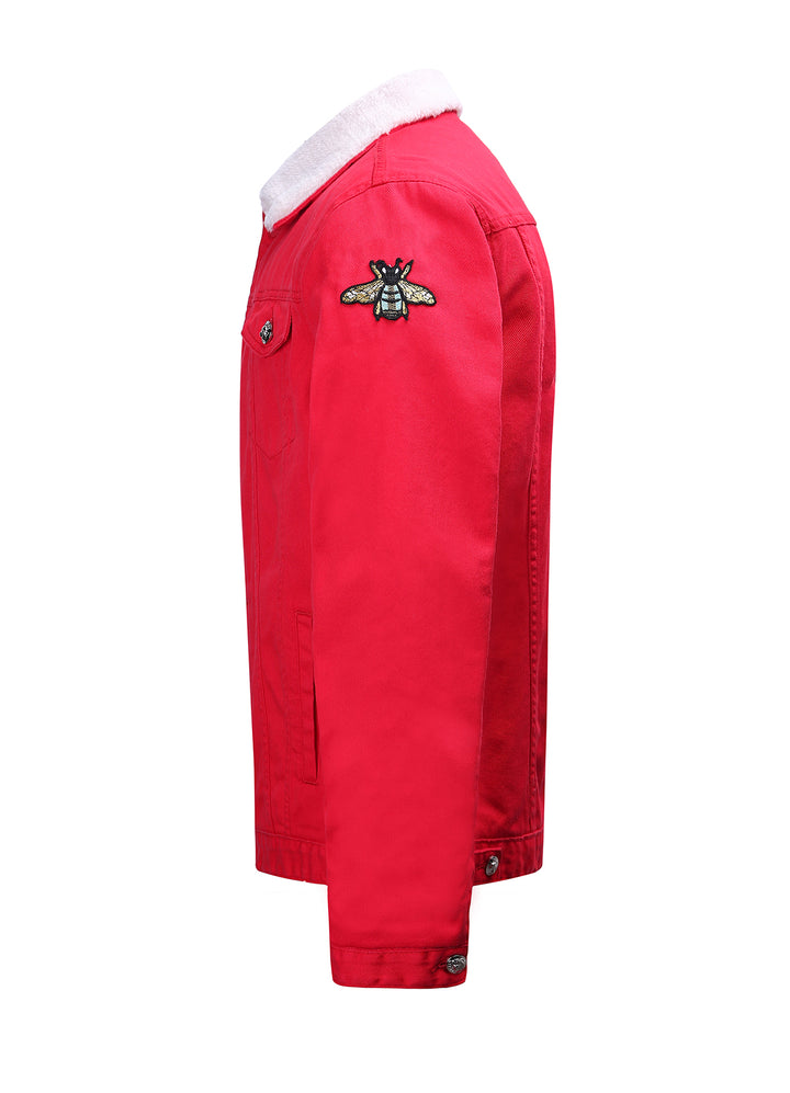 Embroidered Red Denim Jacket With Faux Fur – Edinburgh Cashmere