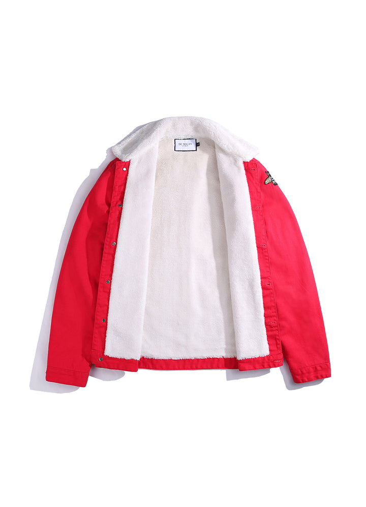 Embroidered Red Denim Jacket With Faux Fur – Edinburgh Cashmere