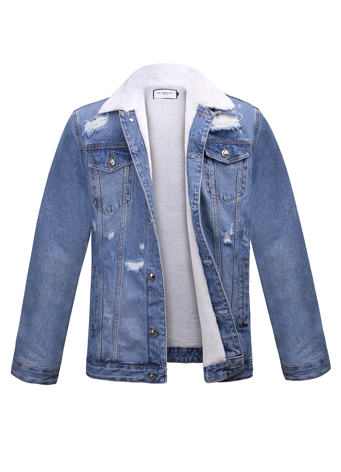 Embroidered Light Blue Denim Jacket With Faux Fur