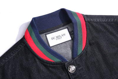 Embroidered Black Denim Jacket With Stripe