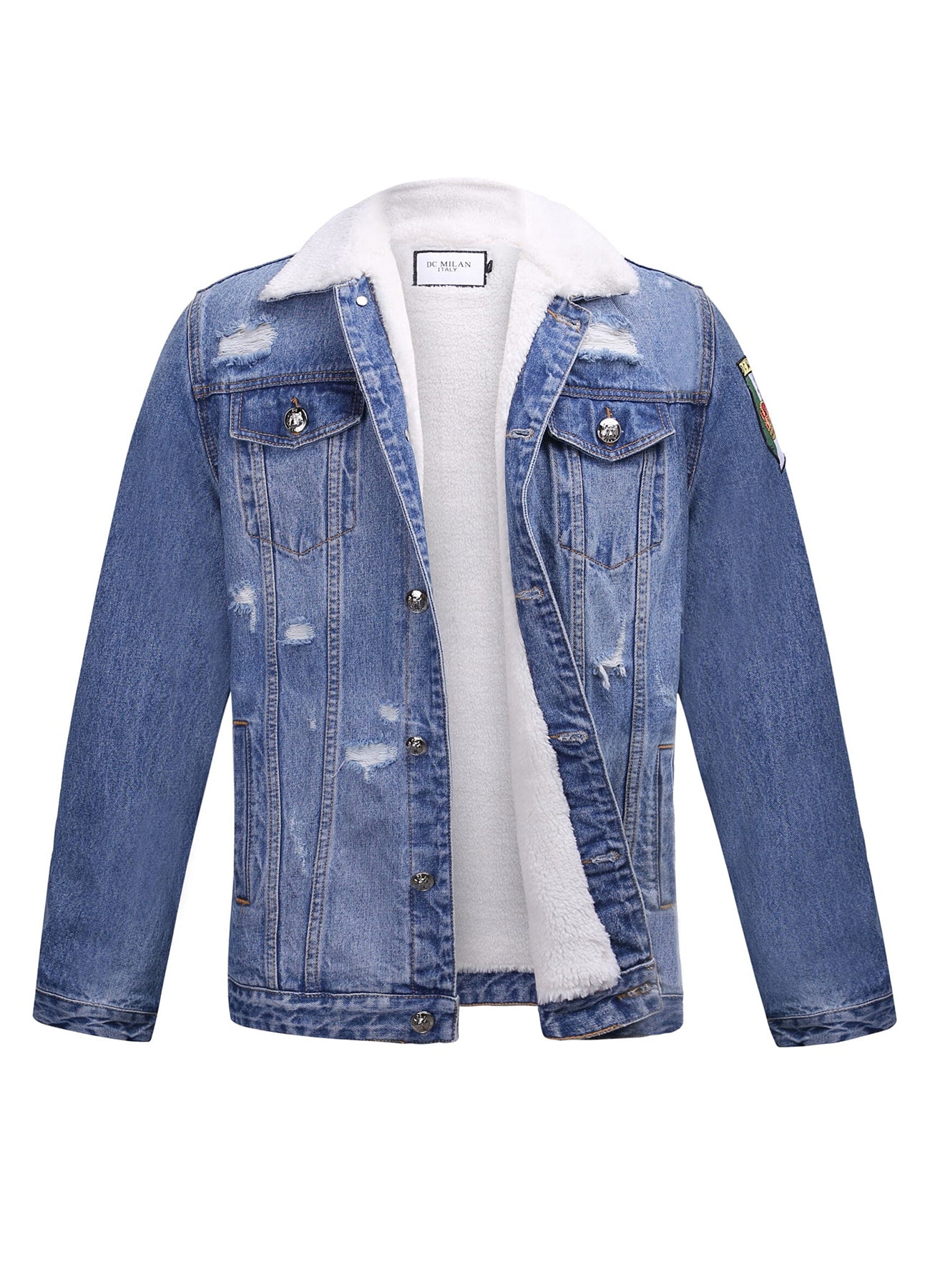 Embroidered Light Blue Denim Jacket With Faux Fur