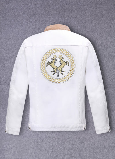 Embroidered White Denim Jacket With Faux Fur