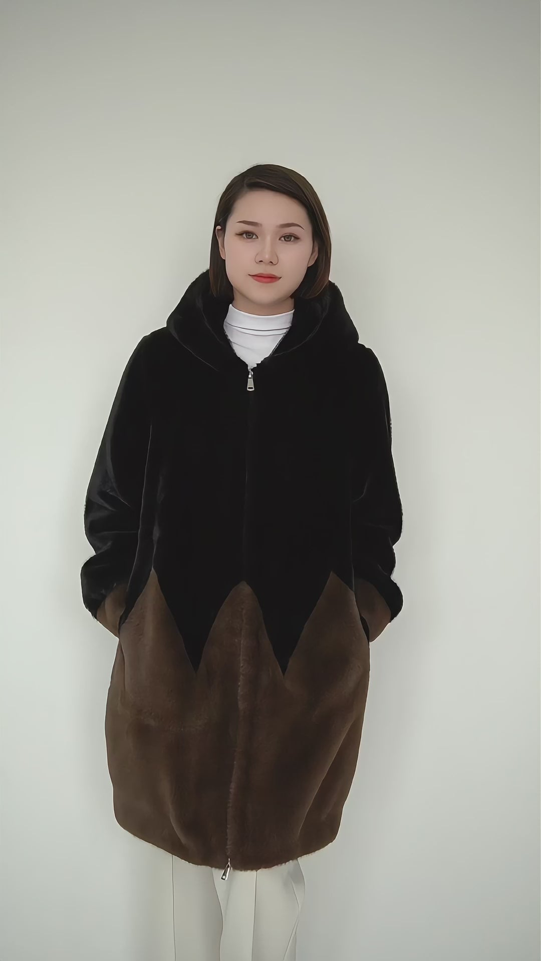 Women's Hooded Fur Short Coat Exclusive Design - Black/Brown