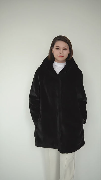 Women's Hooded Fur Short Coat Exclusive Design - Black