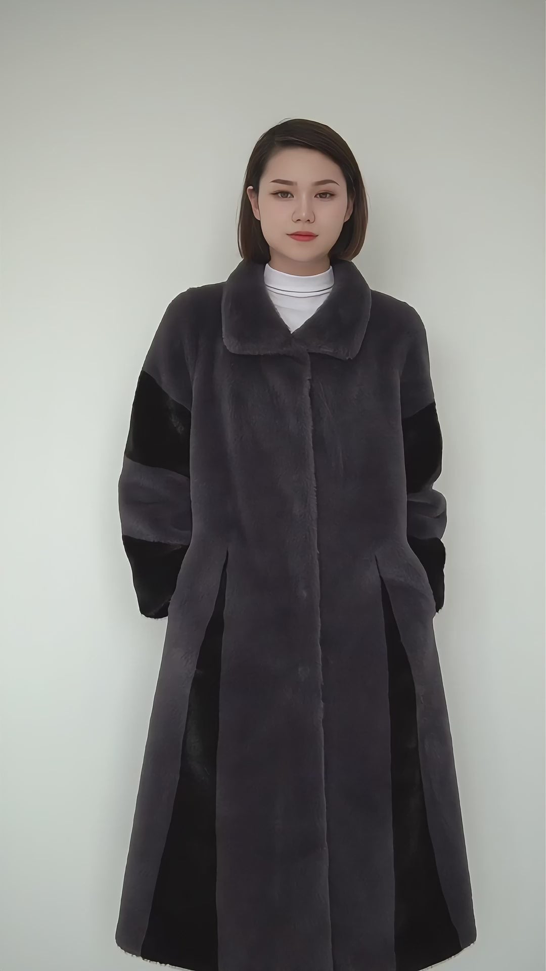 Women's Fur Long Coat Exclusive Design - Grey/Black