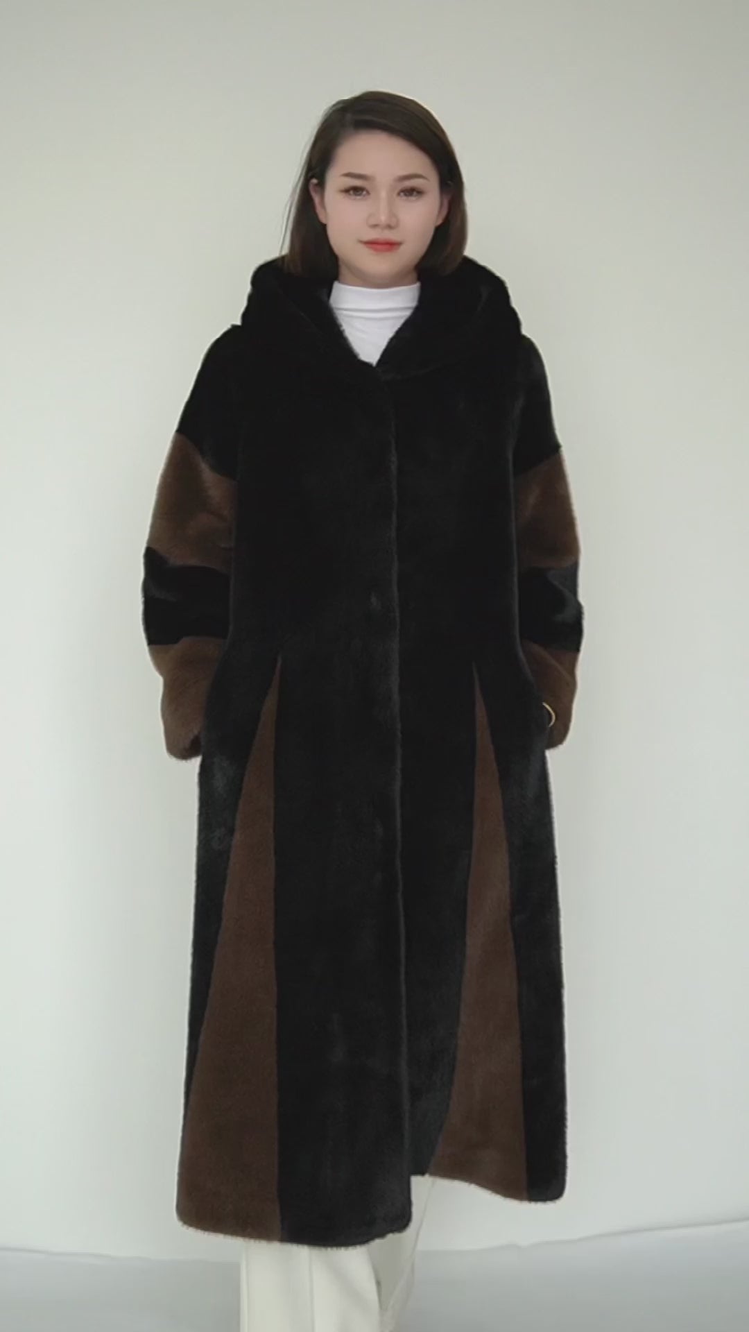 Women's Hooded Fur Long Coat Exclusive Design - Black/Brown