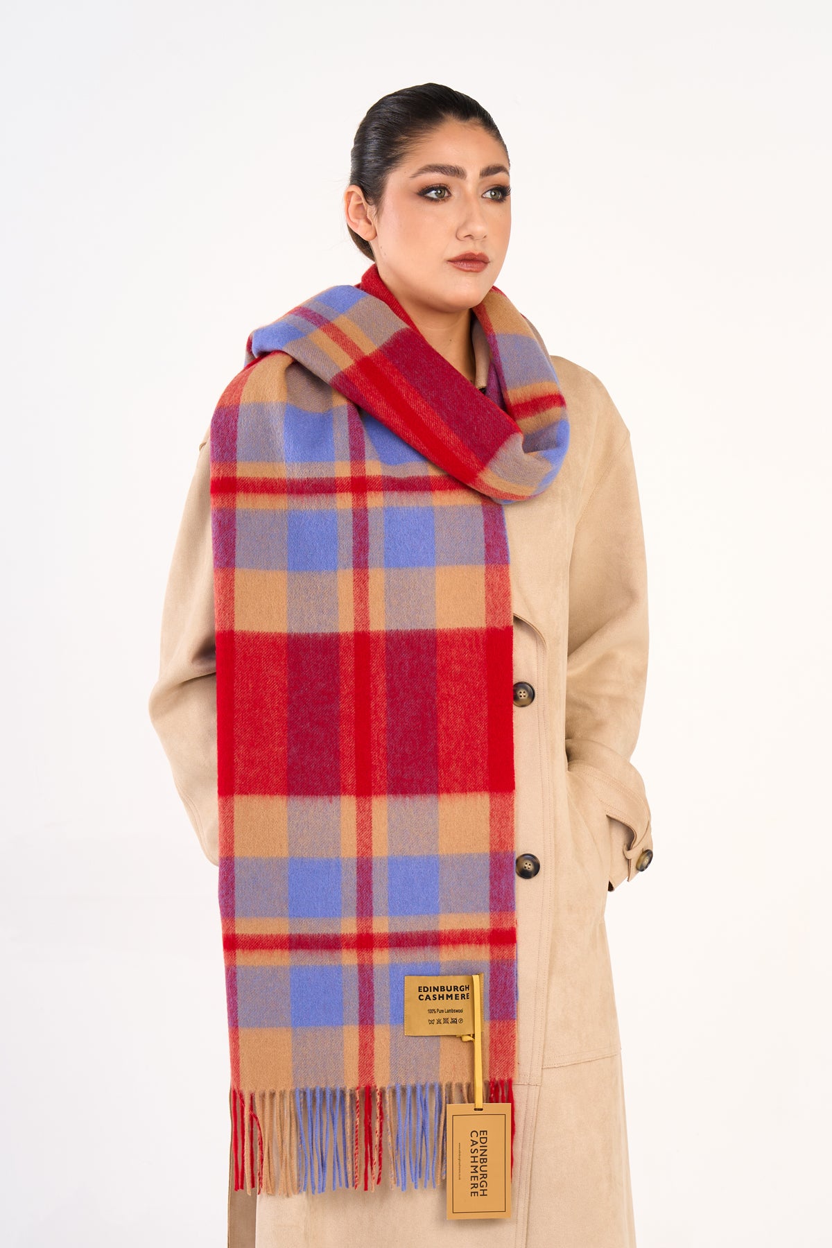 100% Pure Lambswool Oversized Scarf/Wrap DC Scott Camel/Red 11