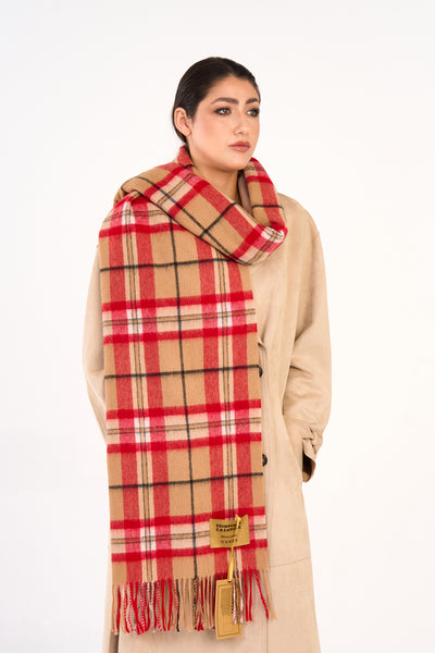 100% Pure Lambswool Oversized Scarf/Wrap Thomson Camel/Red 23